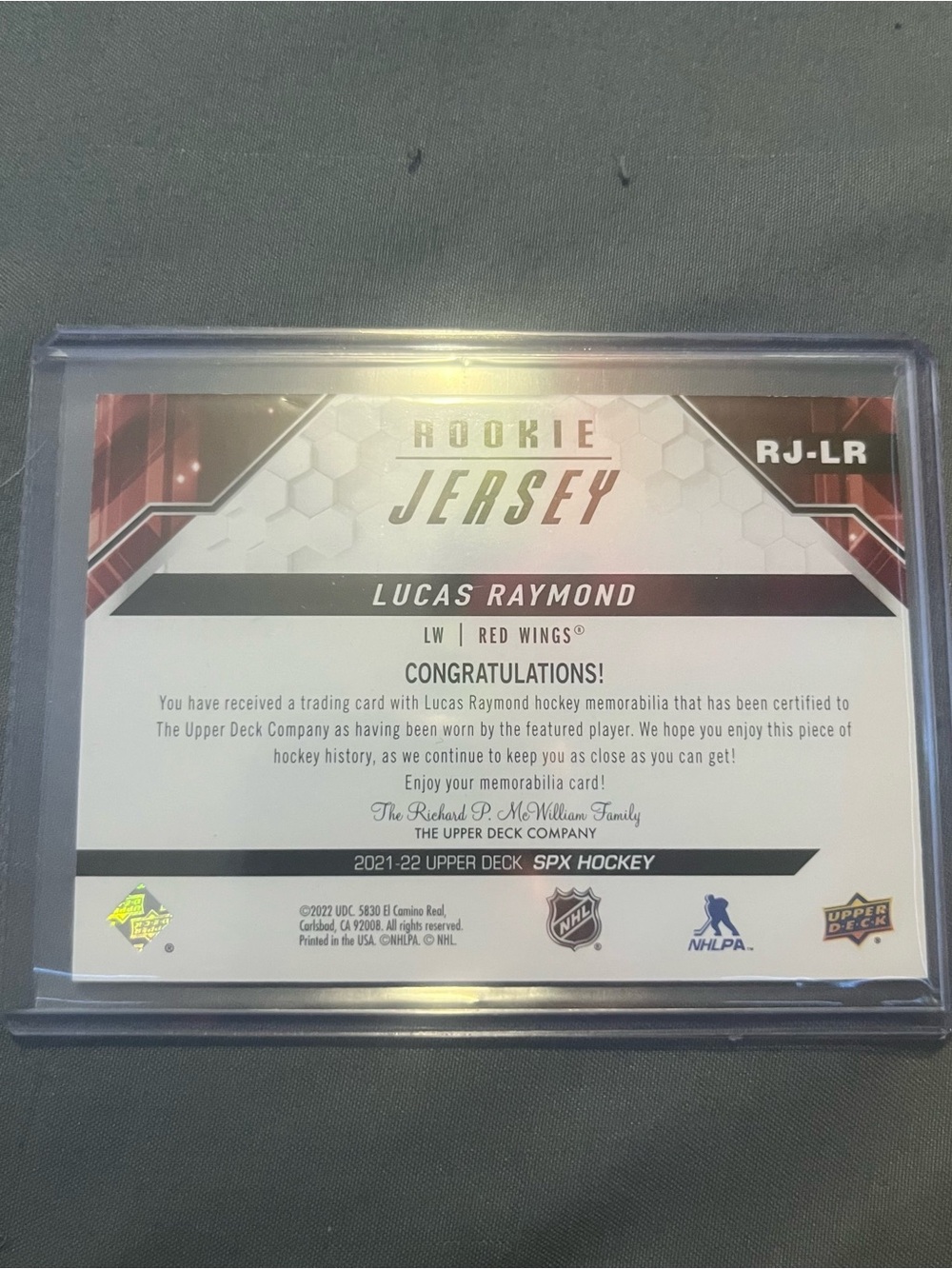 2021-22 SPx Rookie Jersey Lucas Raymond #RJ-LR RC